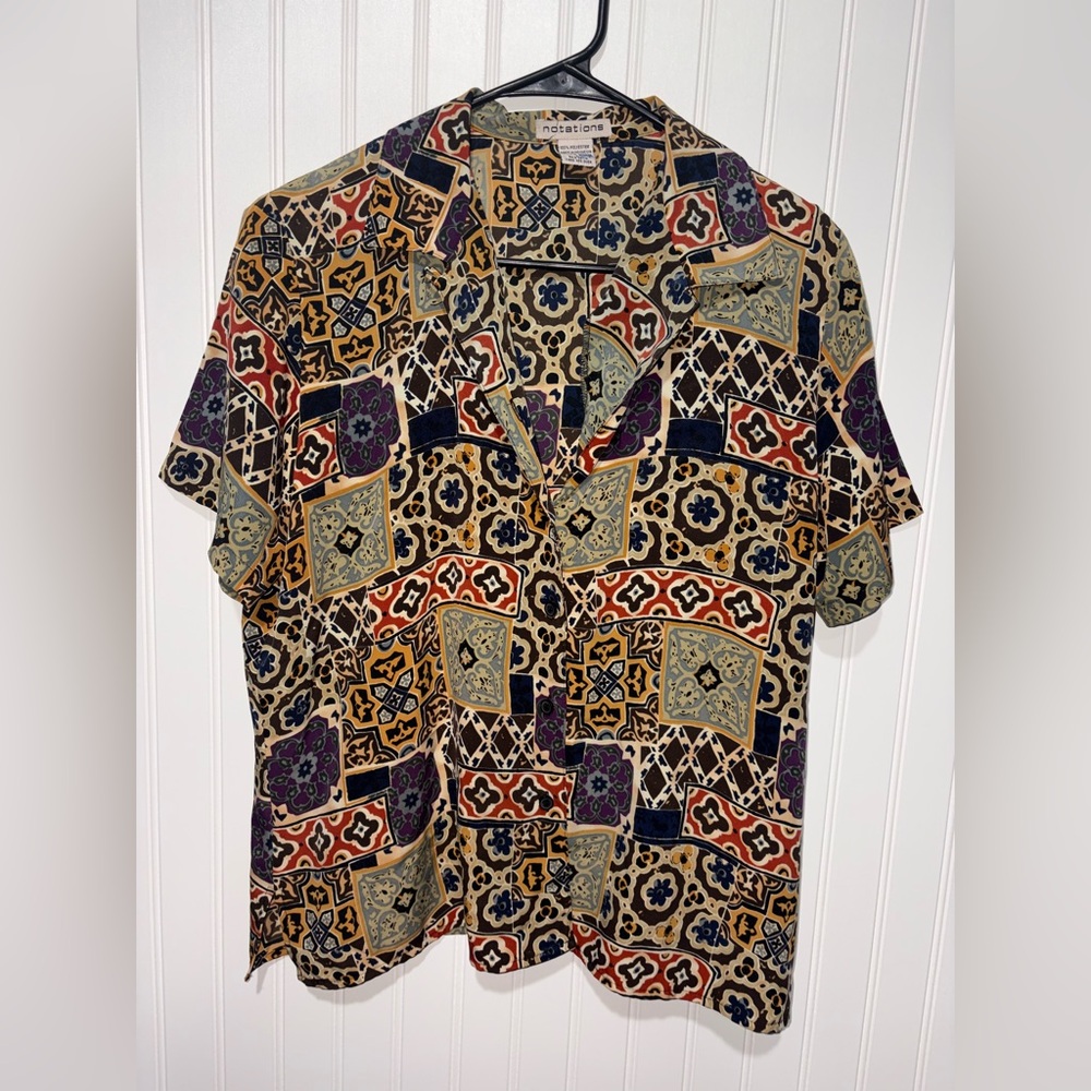 Vintage Notations Geometric and Floral Print Blouse| Size Large